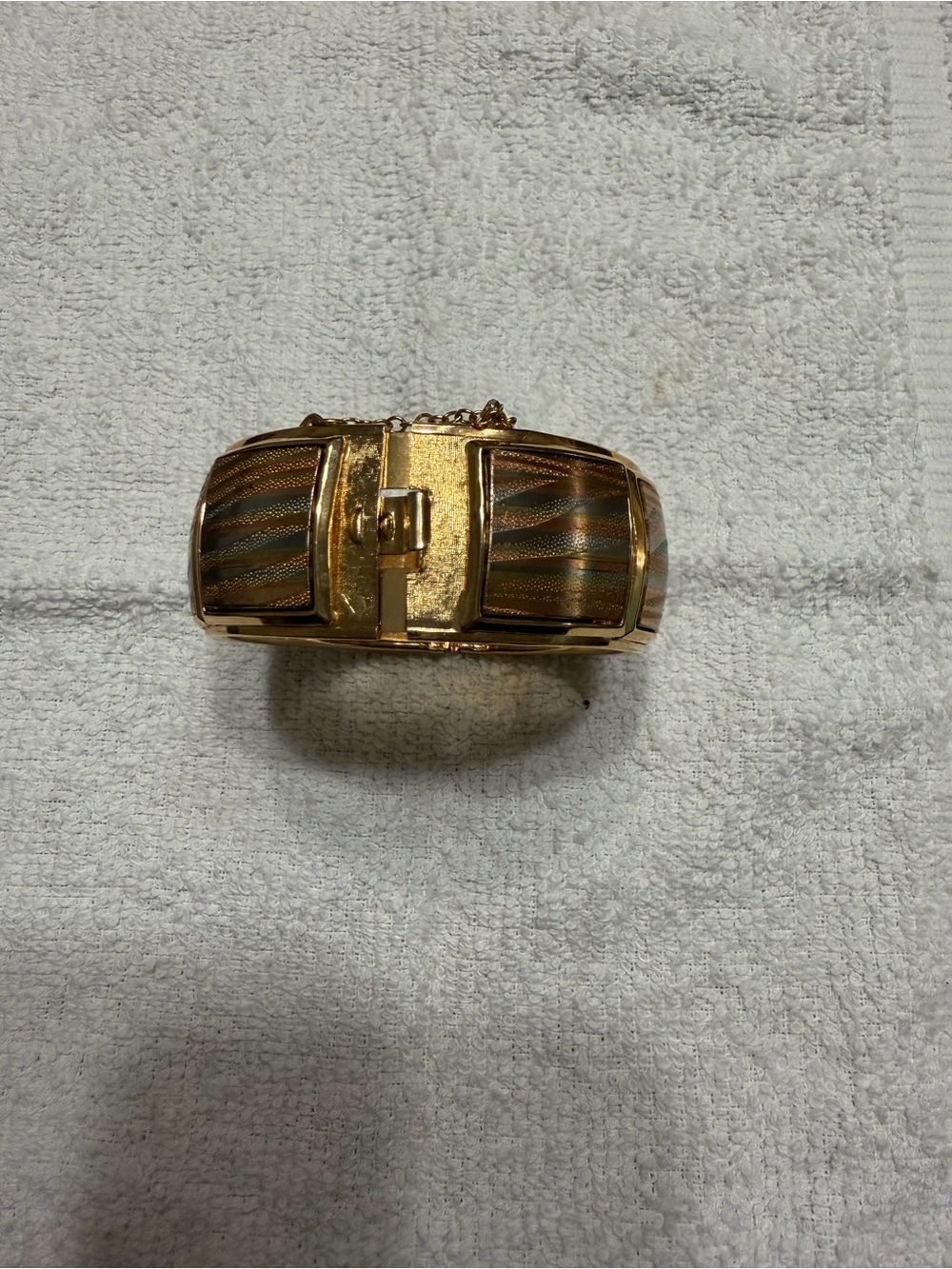 Gold-Tone Hinged Bangle Bracelet with Striped Inlay
